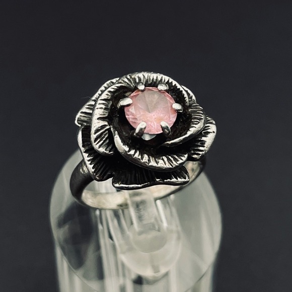 Vintage Jewelry - Vintage Sterling Silver Rose Flower Ring Pink Gemstone Size 4 Floral Jewelry